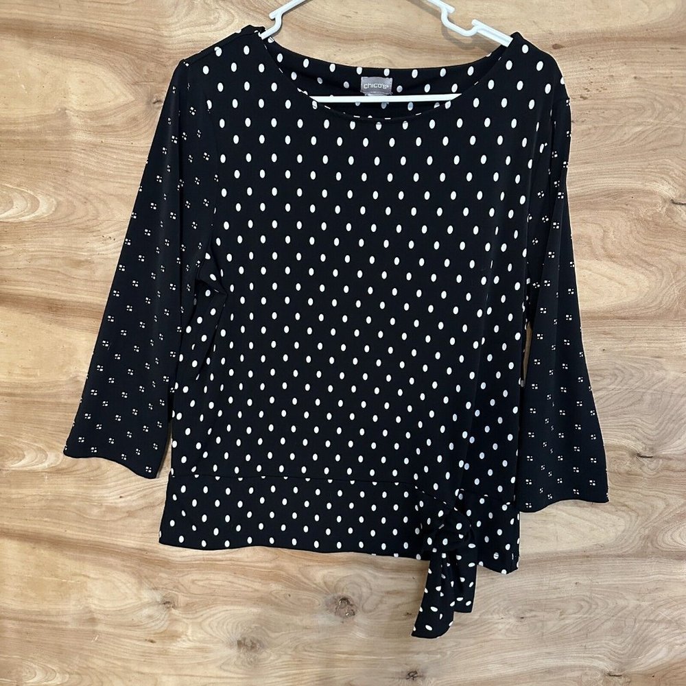 Chico’s 2  Dot-Mix Side-Tie Top Size Large Polka Dot Blouse Top Stretch - Picture 2 of 9